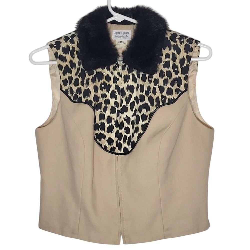 Hobby Horse Western Show Vest Leopard Rhinestone Faux Fur Collar Tan Womens M